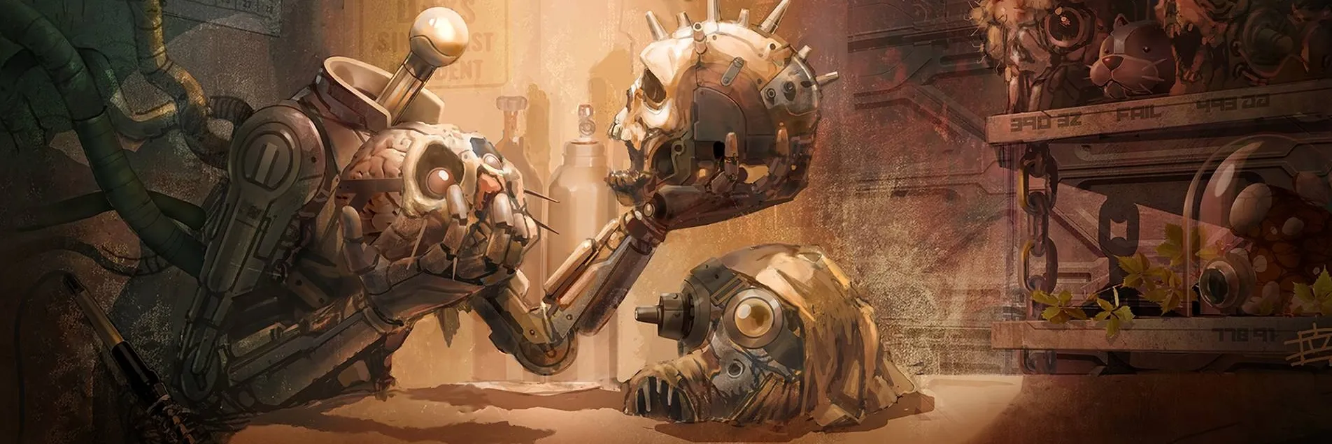 Artistic image showing a robot and alternative heads.